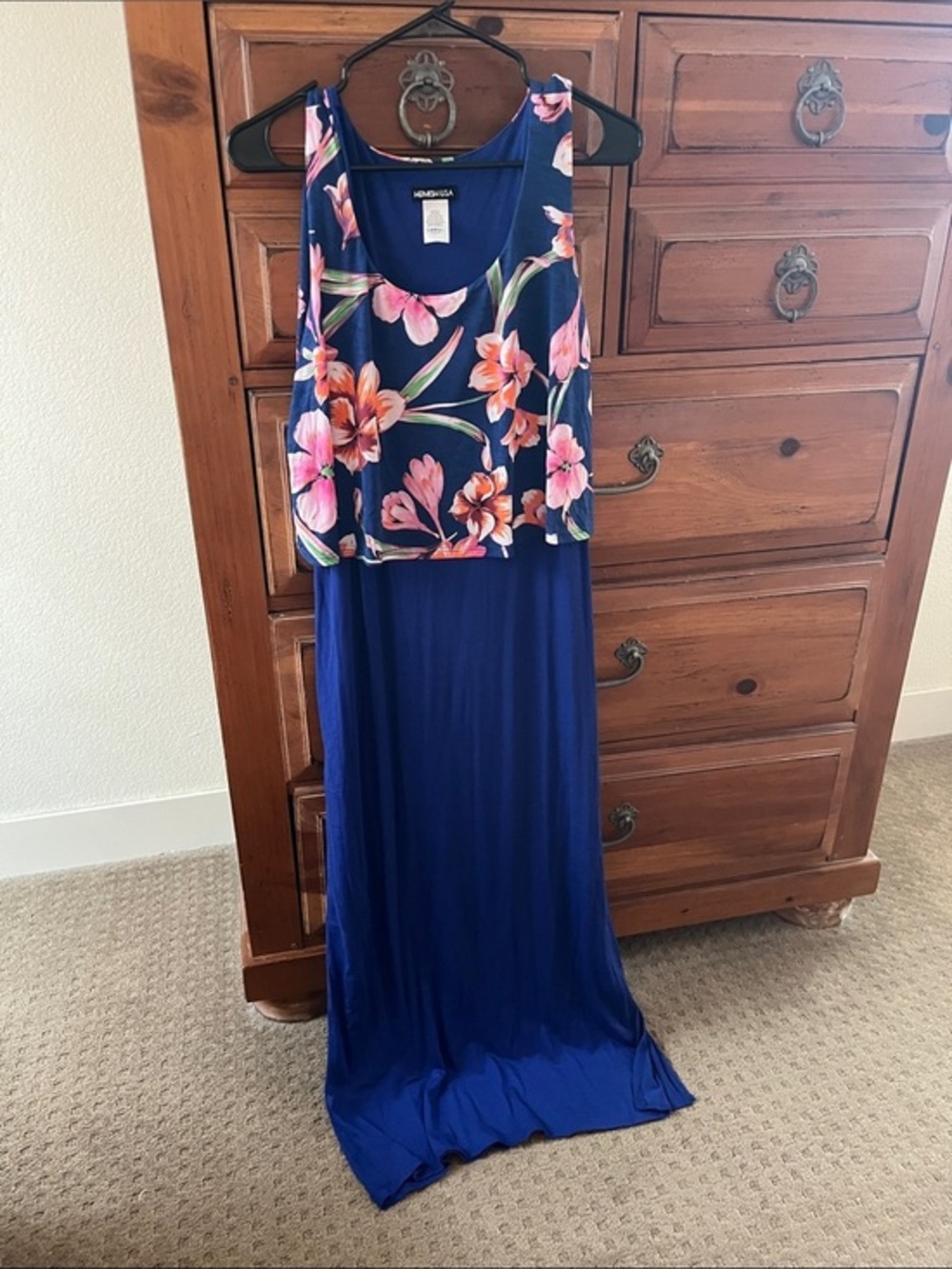 HEIMISH USA Royal Blue Maxi Dress with Pink & Orange Floral Overlay NWOT